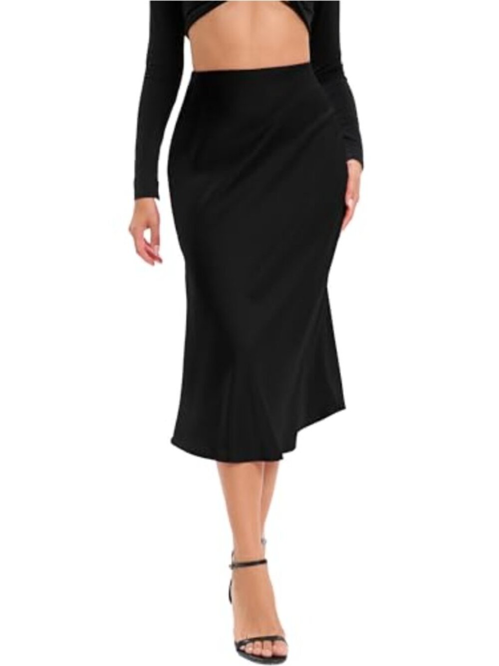 Women's Flowy Satin Midi Skirt Elegant High Waisted A-Line Ruffle Zipper Office